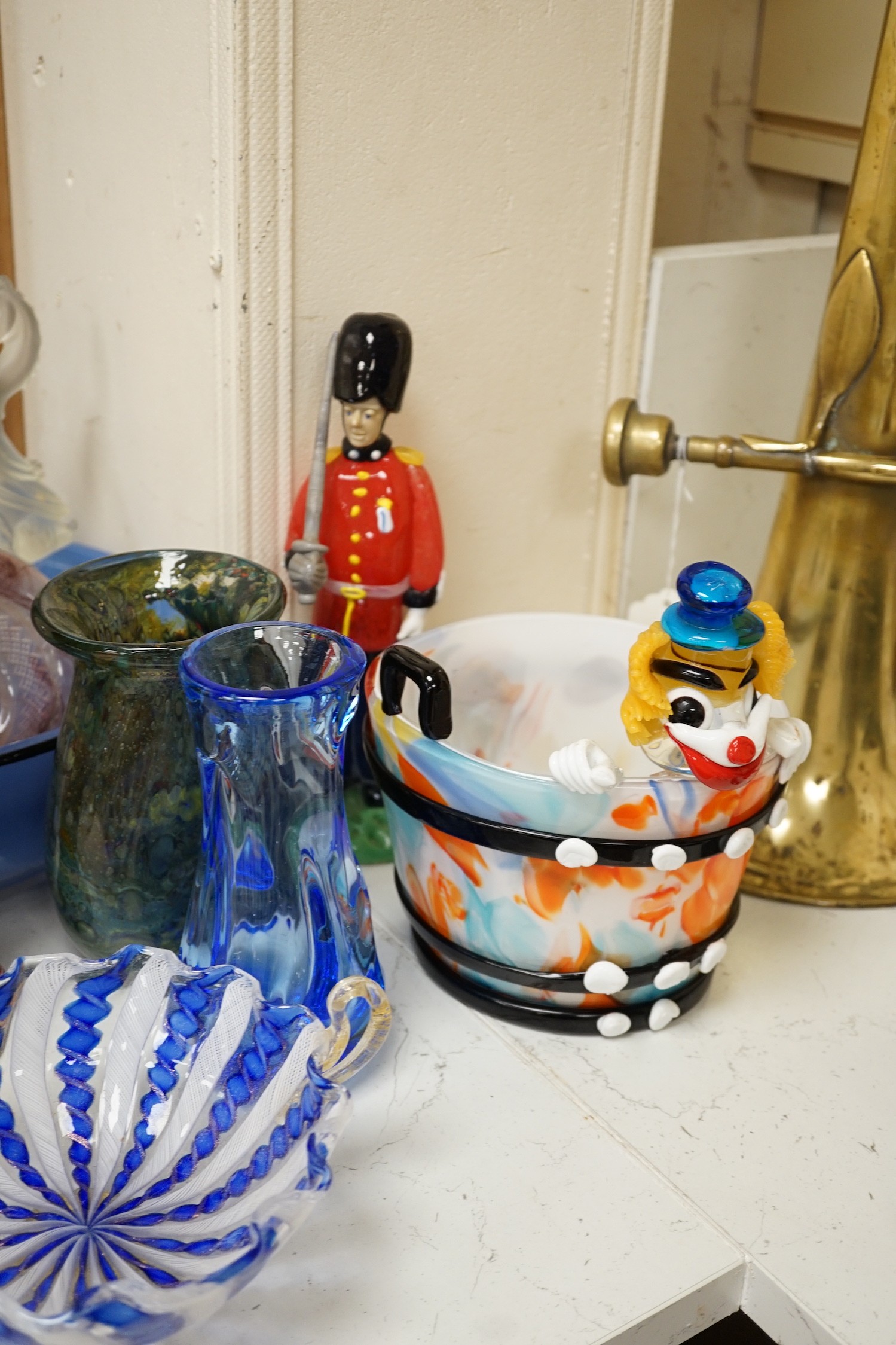 Six porcelain figures, a Murano labelled two handled dish and mixed glassware